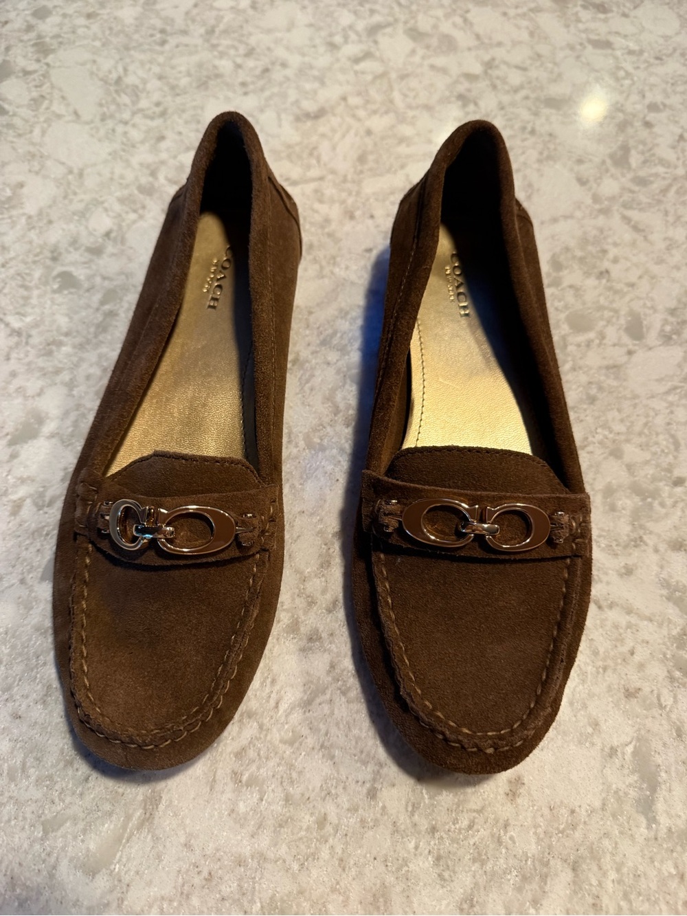 Coach Brown Suede Loafers with Signature Chain-Link Accent Women’s Sz 7.5